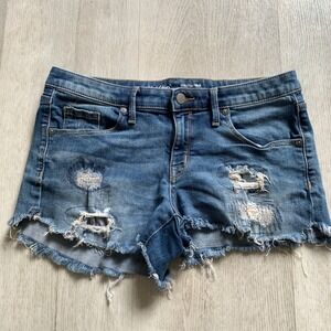 Mossimo Mid-Rise Midi Denim Shorts Blue Distressed Power Stretch Size 6 28